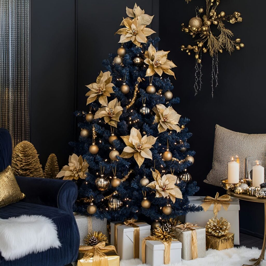 10. Blue Christmas Tree with Gold Orchids and DIY-Friendly Décor