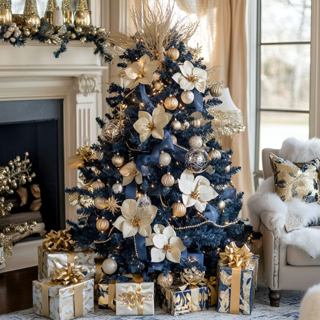 10. Blue Christmas Tree with Gold Orchids and DIY-Friendly Décor