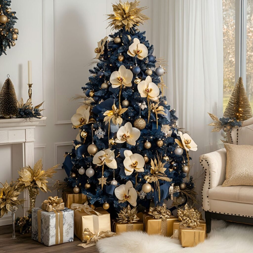 10. Blue Christmas Tree with Gold Orchids and DIY-Friendly Décor