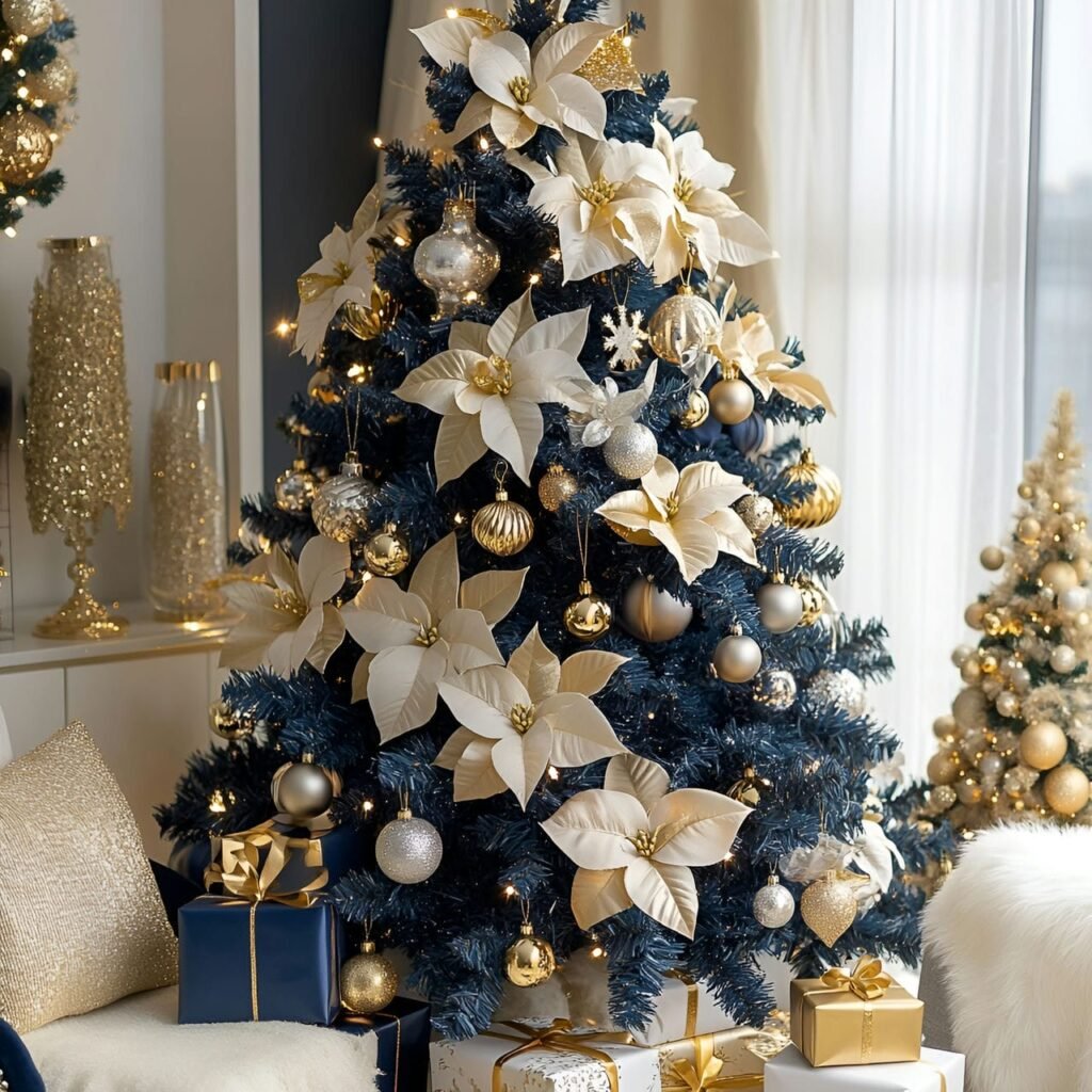 10. Blue Christmas Tree with Gold Orchids and DIY-Friendly Décor