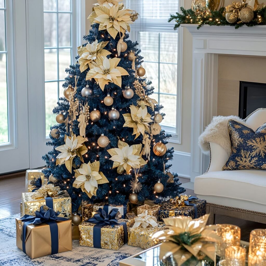 10. Blue Christmas Tree with Gold Orchids and DIY-Friendly Décor