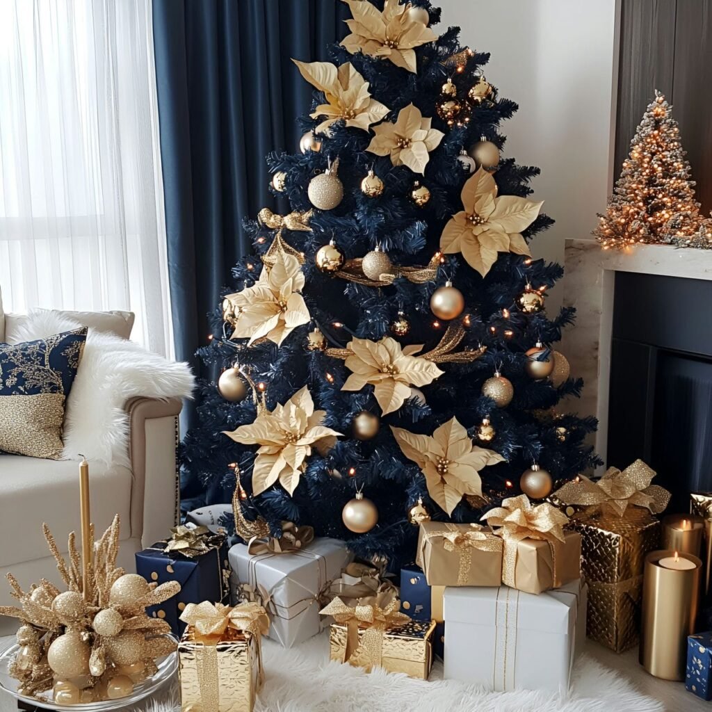 10. Blue Christmas Tree with Gold Orchids and DIY-Friendly Décor