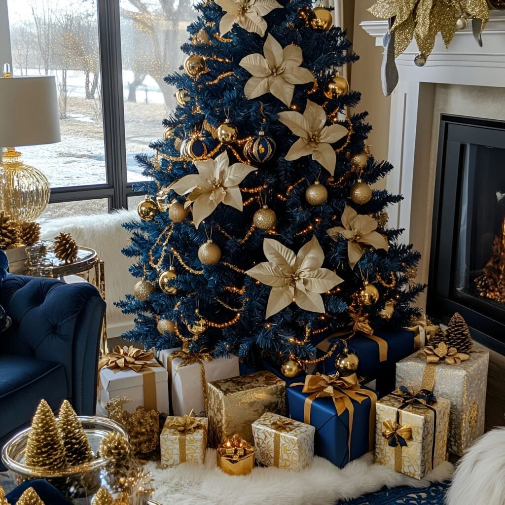 10. Blue Christmas Tree with Gold Orchids and DIY-Friendly Décor