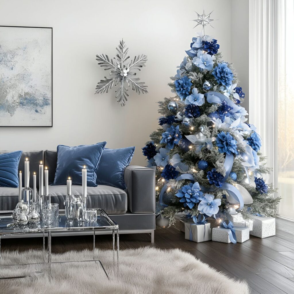 04. Blue Flowers and Ribbons Christmas in Stylish Living Room