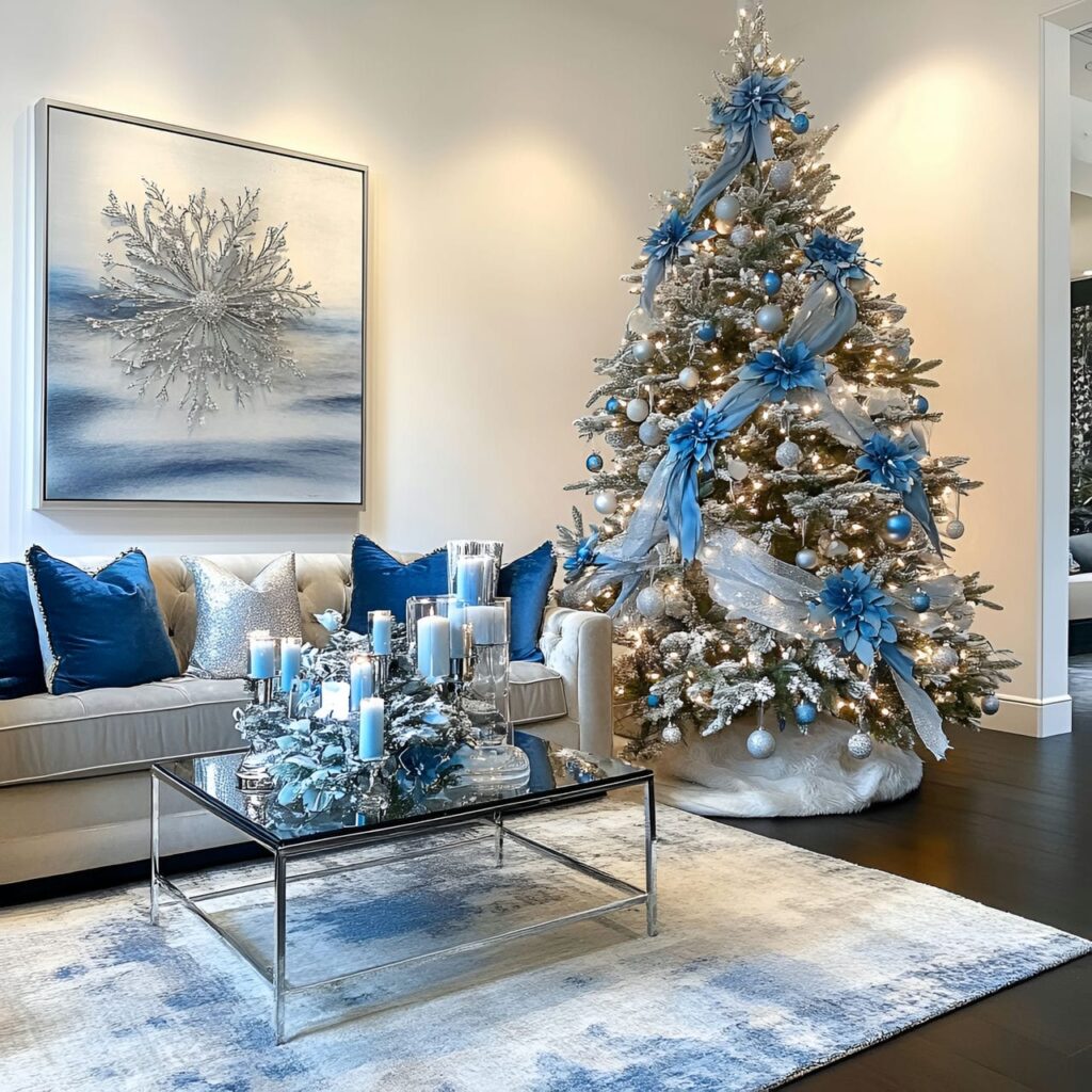 04. Blue Flowers and Ribbons Christmas in Stylish Living Room