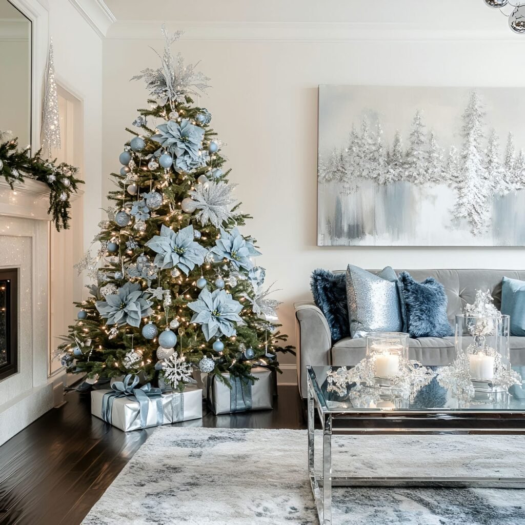 04. Blue Flowers and Ribbons Christmas in Stylish Living Room