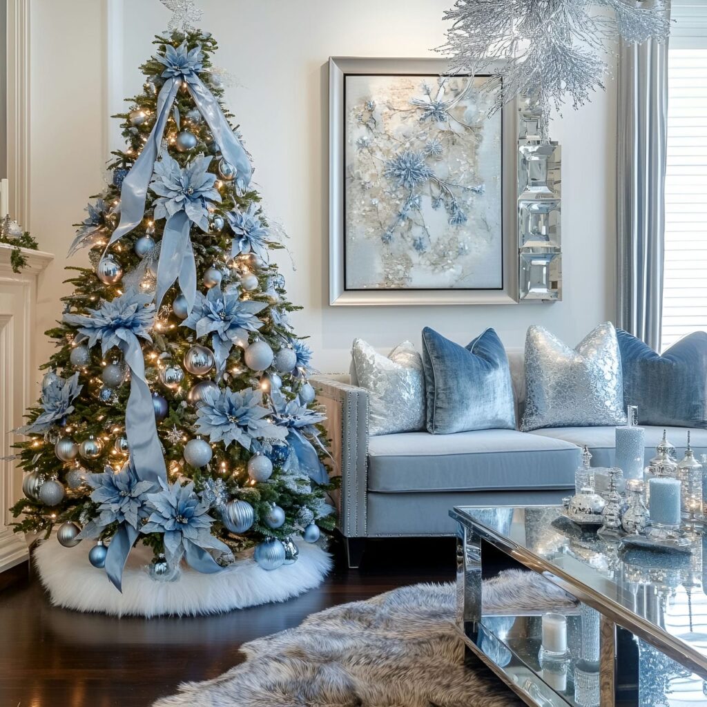 04. Blue Flowers and Ribbons Christmas in Stylish Living Room