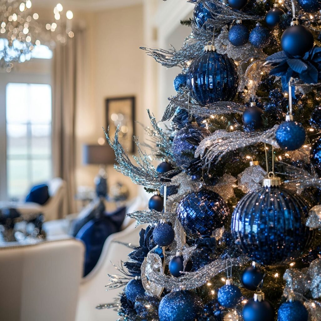 13. Blue Rhinestone Glam Christmas Tree with Shimmering Details