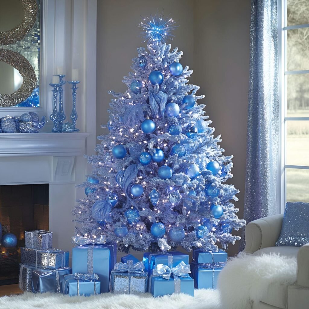 13. Blue Rhinestone Glam Christmas Tree with Shimmering Details