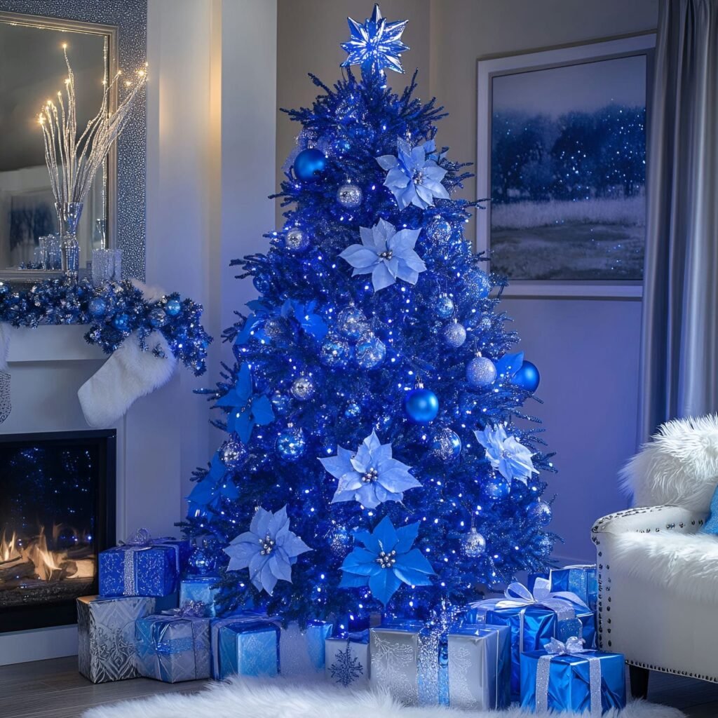 13. Blue Rhinestone Glam Christmas Tree with Shimmering Details