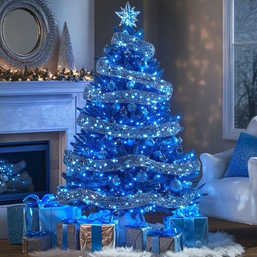 13. Blue Rhinestone Glam Christmas Tree with Shimmering Details