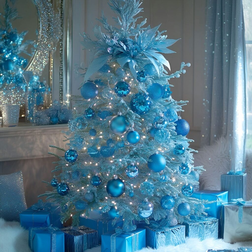 13. Blue Rhinestone Glam Christmas Tree with Shimmering Details