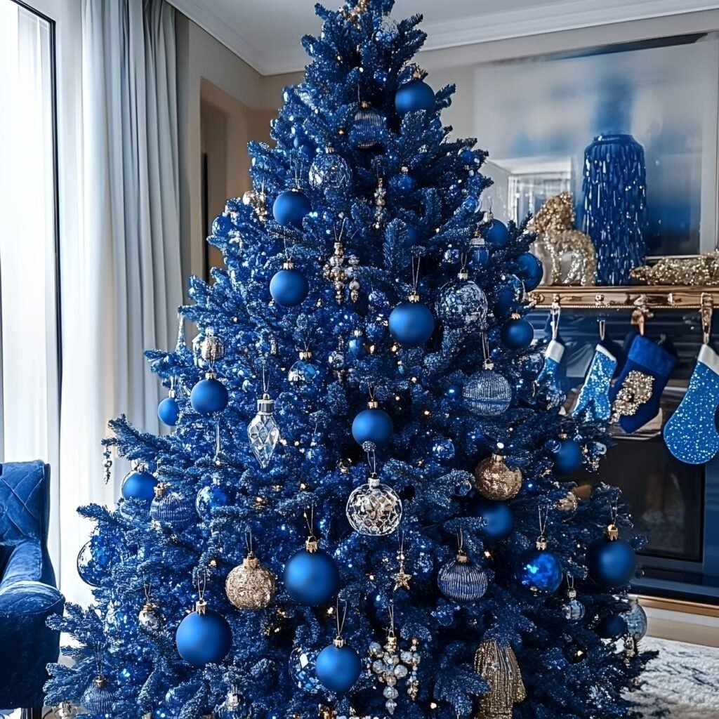 13. Blue Rhinestone Glam Christmas Tree with Shimmering Details