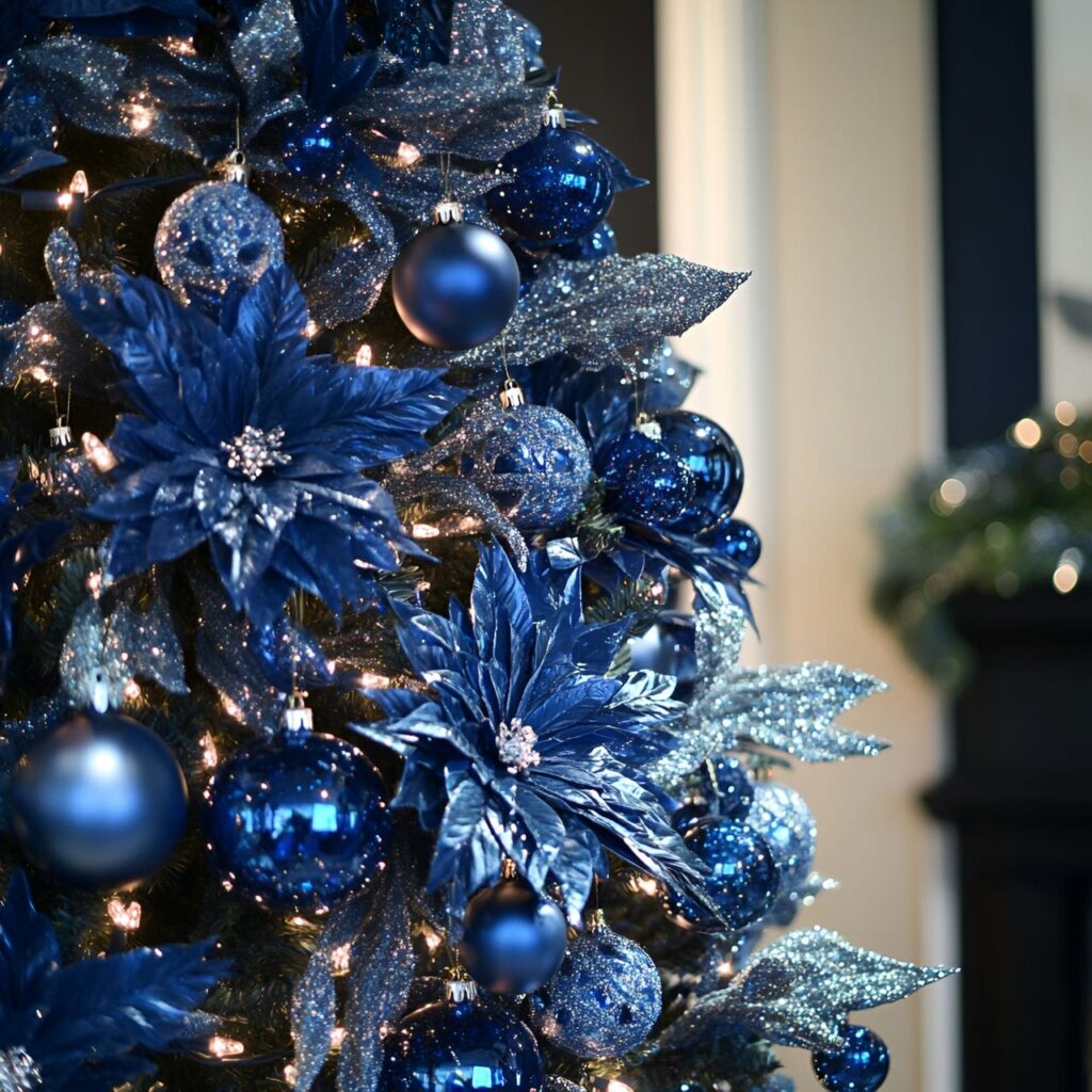 13. Blue Rhinestone Glam Christmas Tree with Shimmering Details