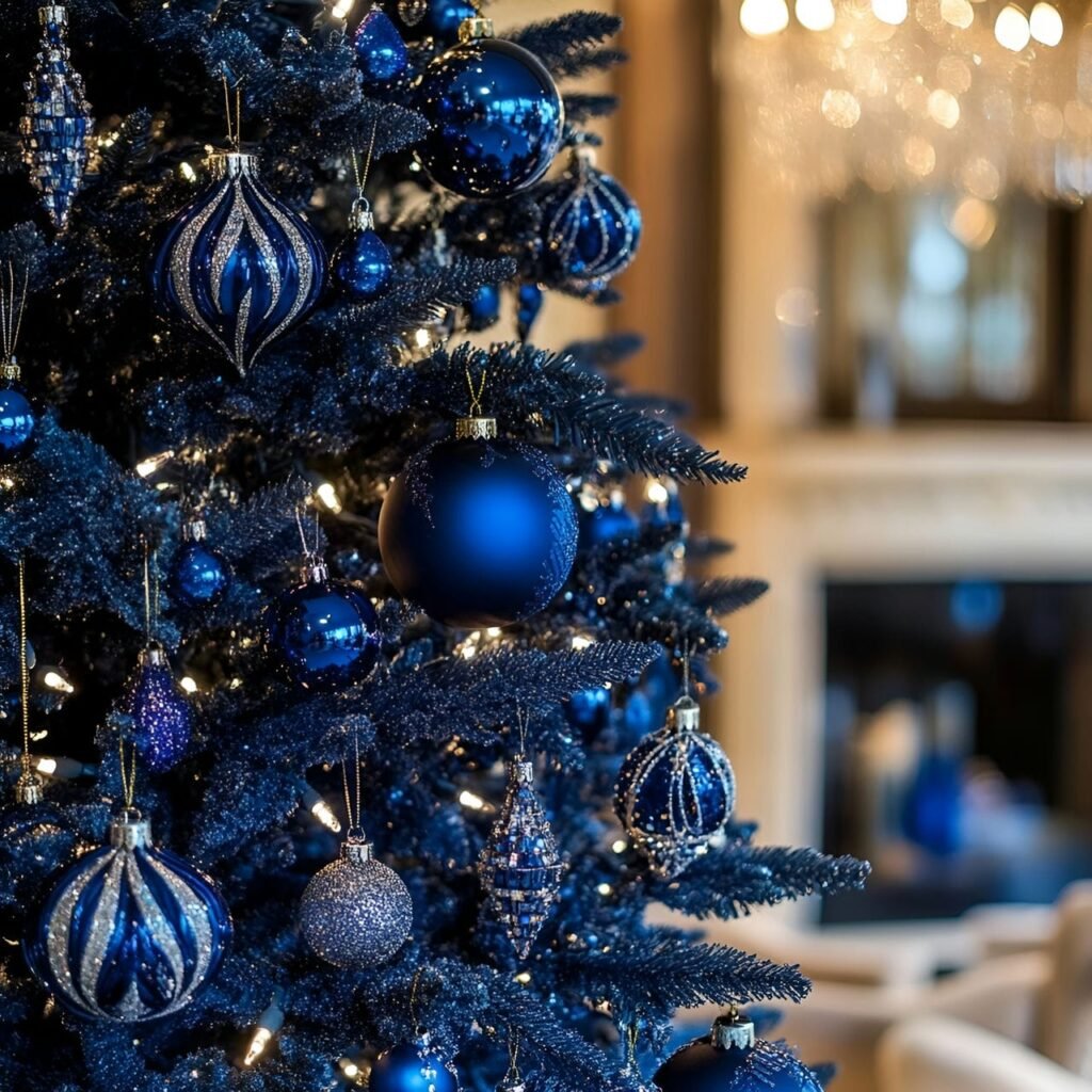 13. Blue Rhinestone Glam Christmas Tree with Shimmering Details