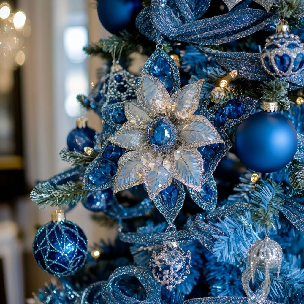 13. Blue Rhinestone Glam Christmas Tree with Shimmering Details