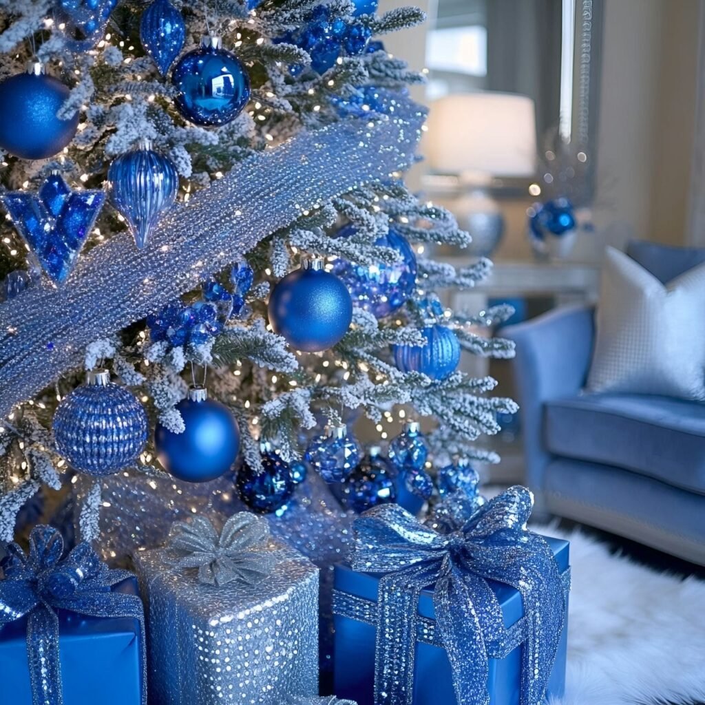 13. Blue Rhinestone Glam Christmas Tree with Shimmering Details