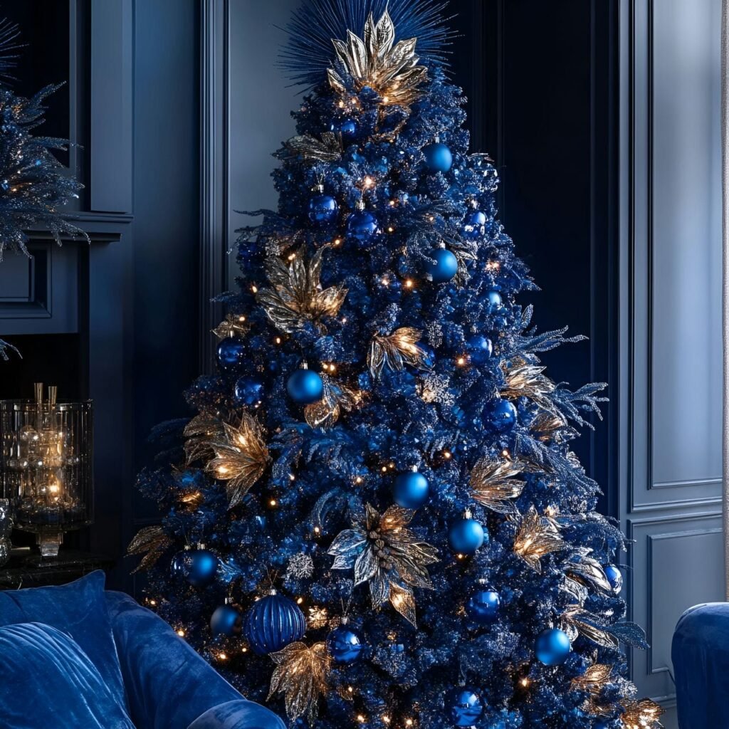 13. Blue Rhinestone Glam Christmas Tree with Shimmering Details