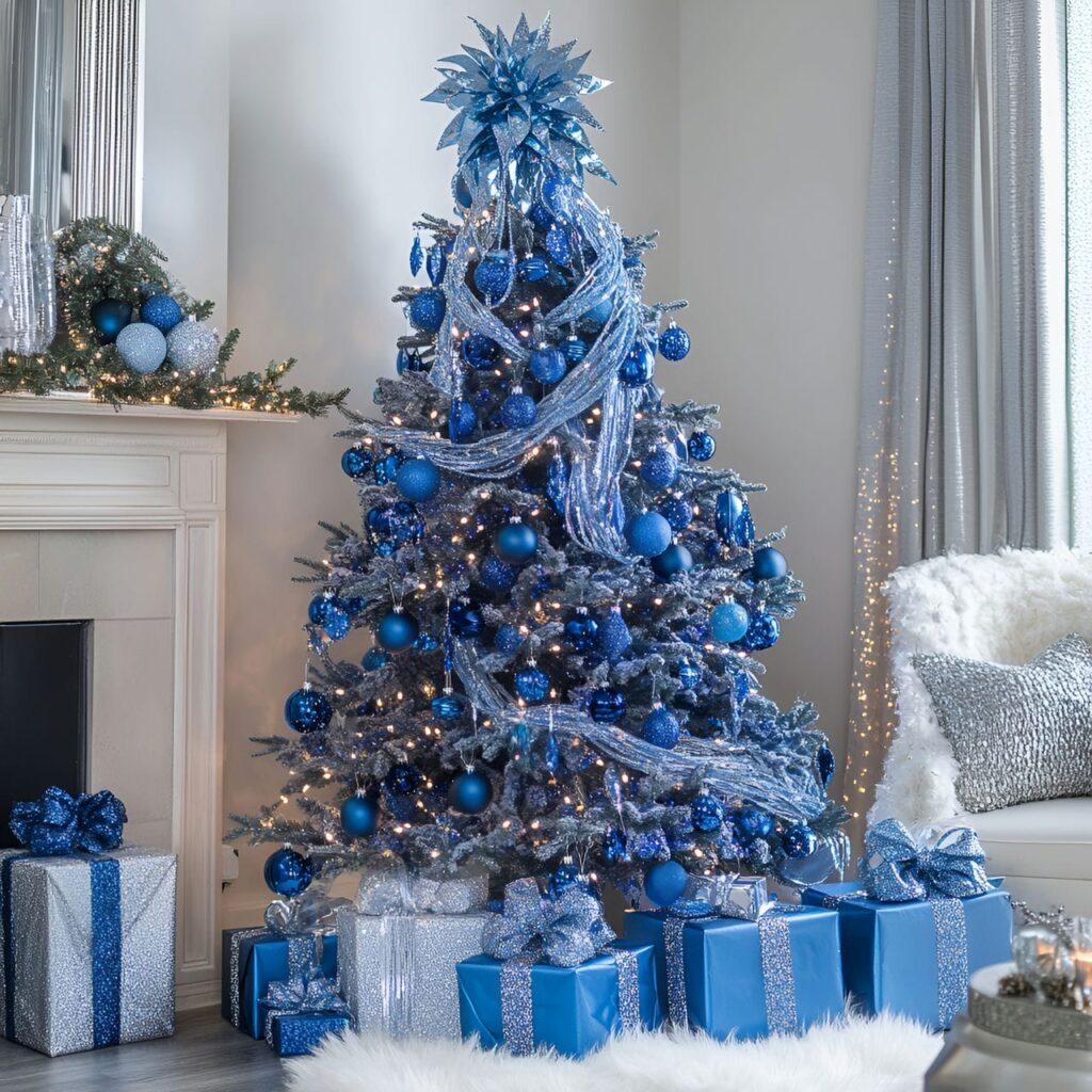 13. Blue Rhinestone Glam Christmas Tree with Shimmering Details