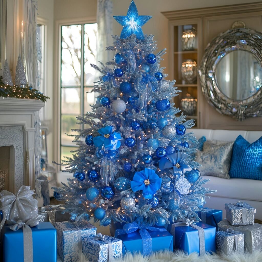 13. Blue Rhinestone Glam Christmas Tree with Shimmering Details