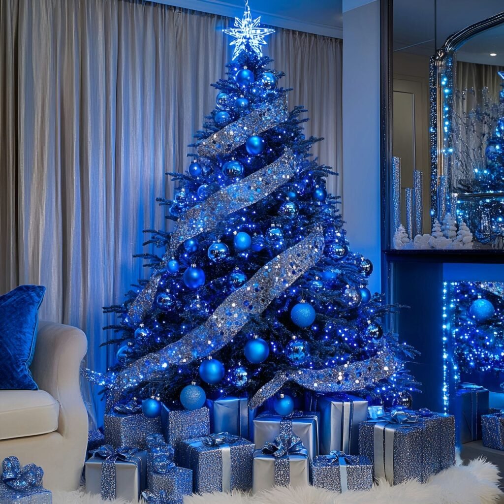 13. Blue Rhinestone Glam Christmas Tree with Shimmering Details