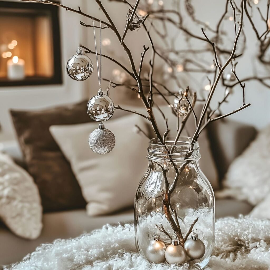 21. Branch with Hanging Ornaments with Matte Silver Touch