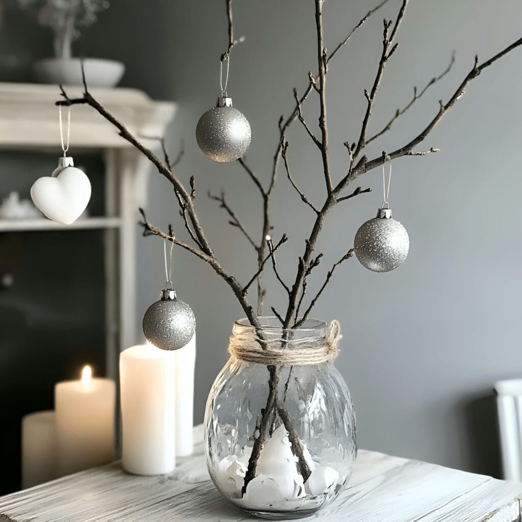 21. Branch with Hanging Ornaments with Matte Silver Touch