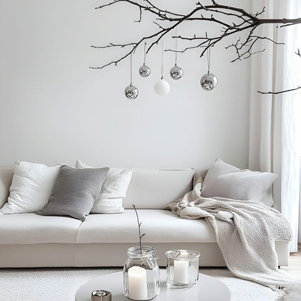 21. Branch with Hanging Ornaments with Matte Silver Touch