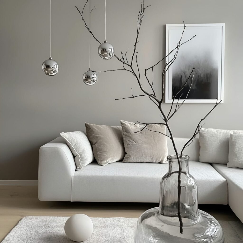 21. Branch with Hanging Ornaments with Matte Silver Touch