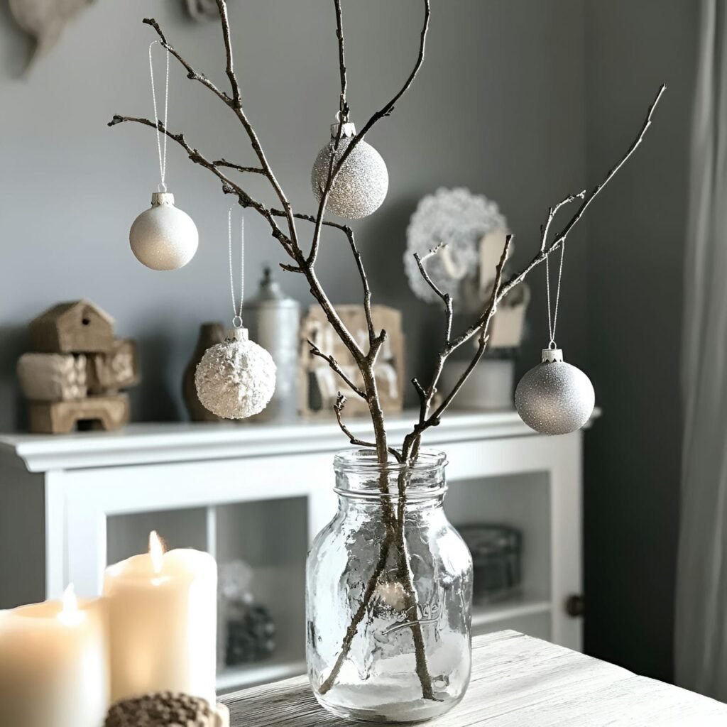 21. Branch with Hanging Ornaments with Matte Silver Touch