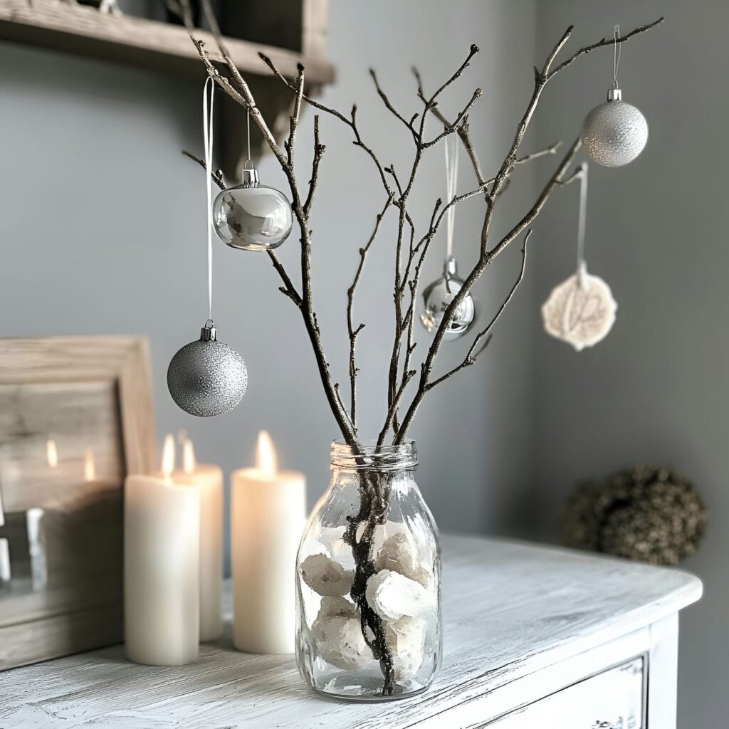 21. Branch with Hanging Ornaments with Matte Silver Touch