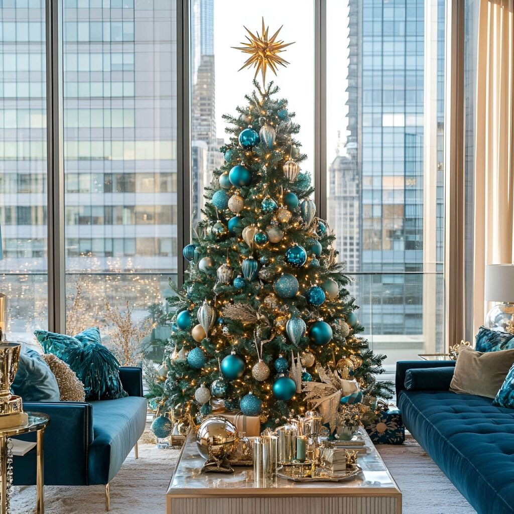 15. Brass & Teal Modern Glam Tree with Bold Metallic Tassels