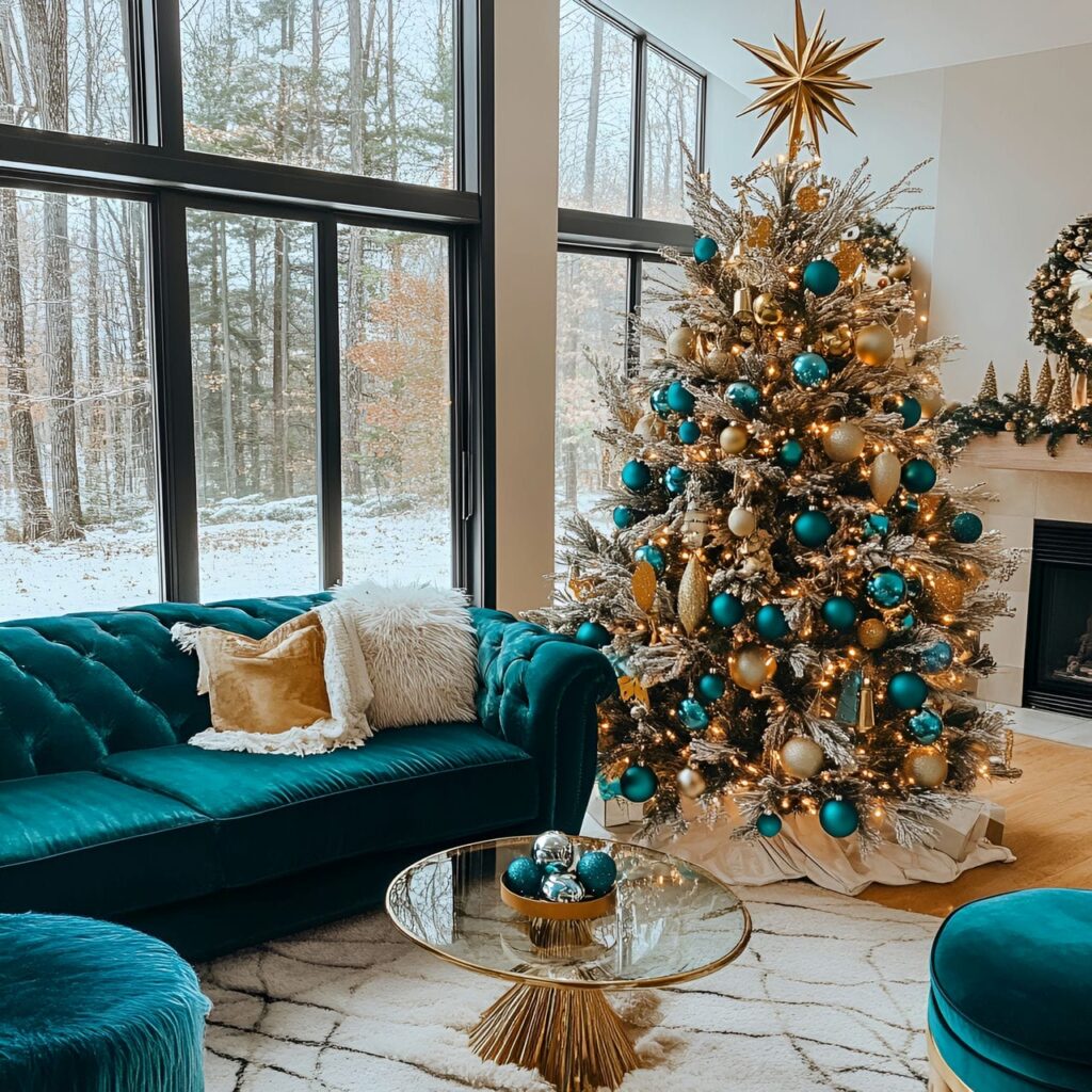 15. Brass & Teal Modern Glam Tree with Bold Metallic Tassels