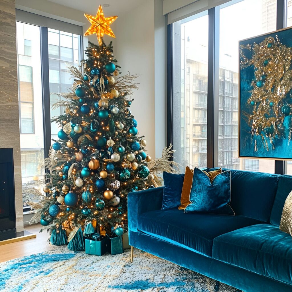 15. Brass & Teal Modern Glam Tree with Bold Metallic Tassels