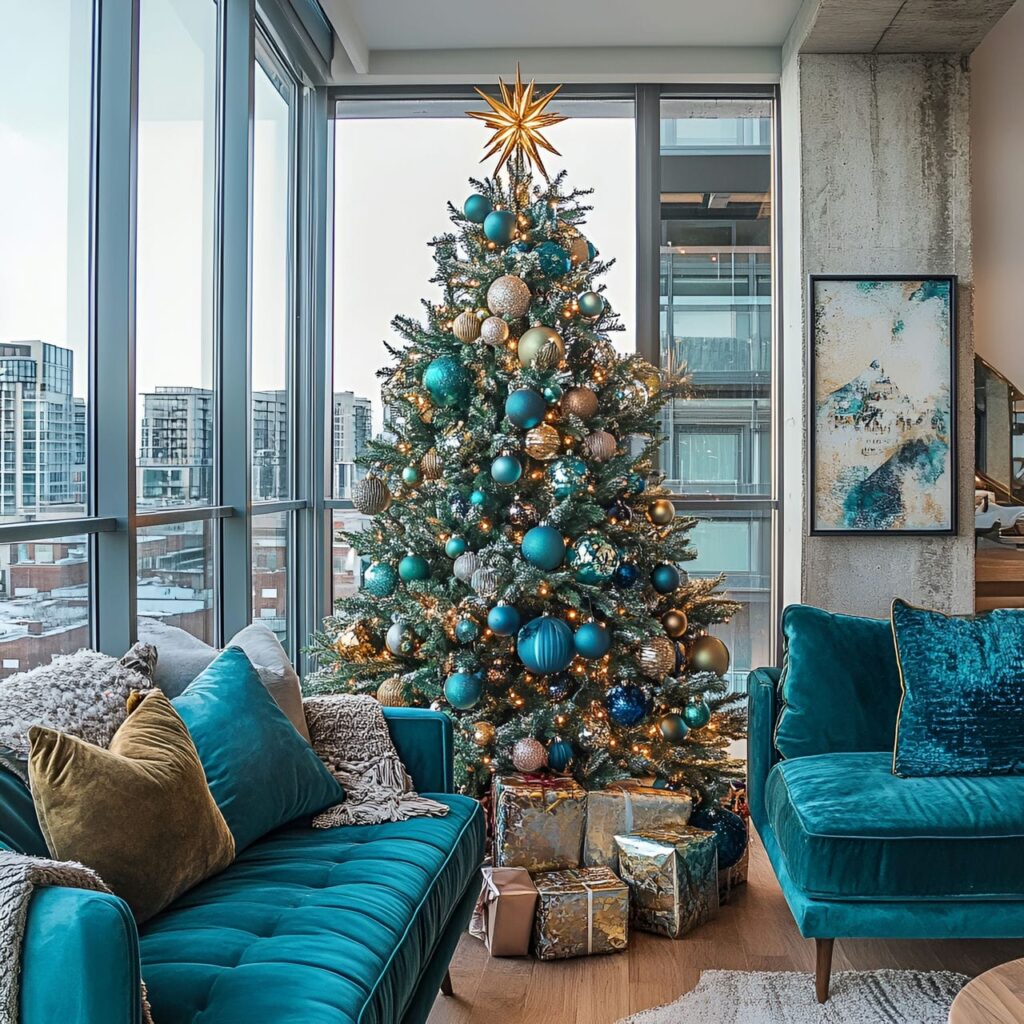 15. Brass & Teal Modern Glam Tree with Bold Metallic Tassels