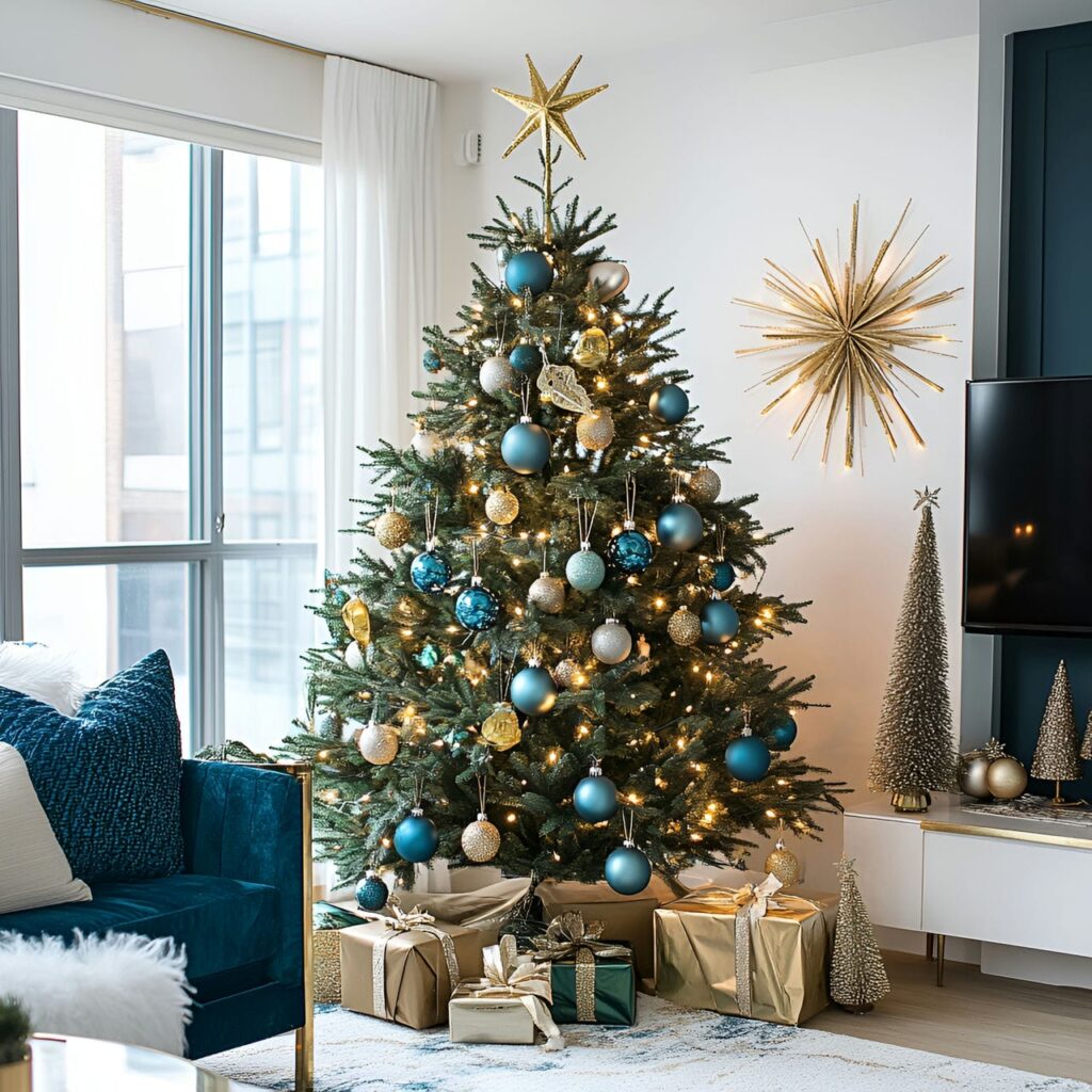 15. Brass & Teal Modern Glam Tree with Bold Metallic Tassels