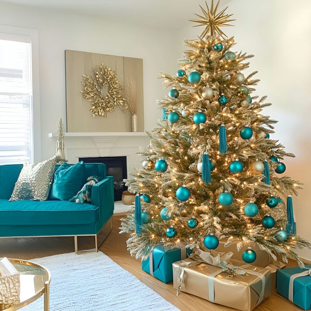 15. Brass & Teal Modern Glam Tree with Bold Metallic Tassels