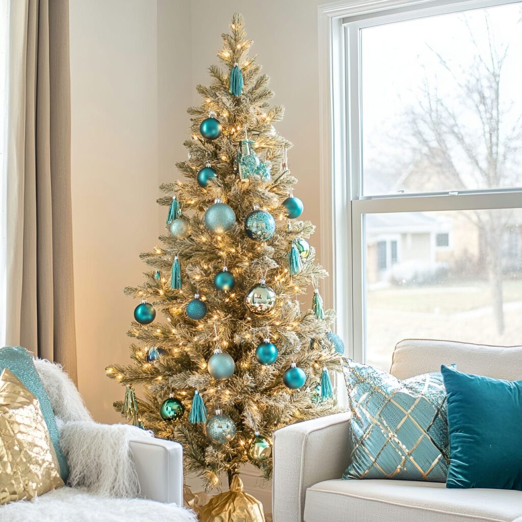 15. Brass & Teal Modern Glam Tree with Bold Metallic Tassels