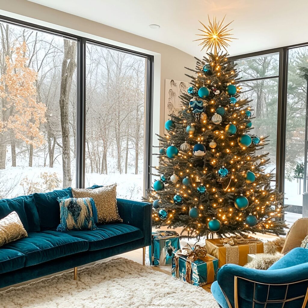 15. Brass & Teal Modern Glam Tree with Bold Metallic Tassels