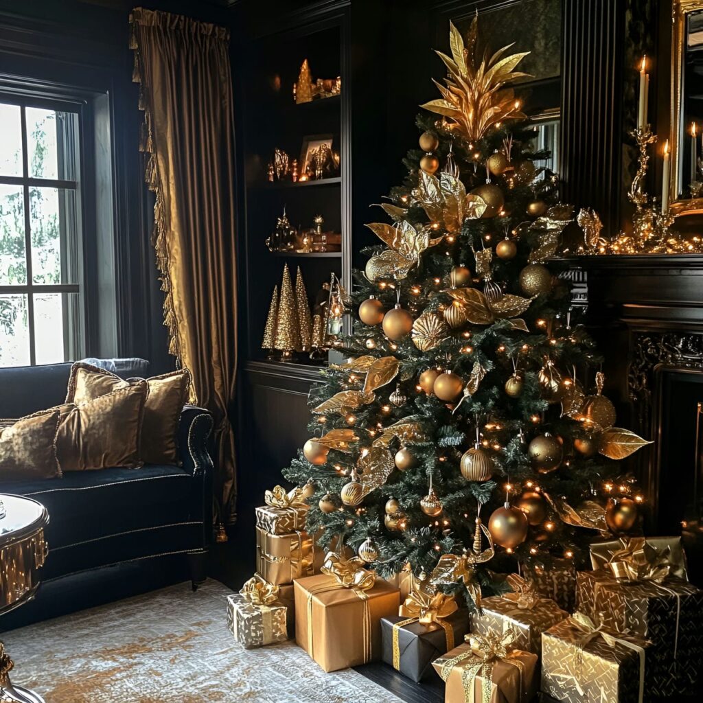 10. Bronze Luxe Tree with Vintage Golden Leaves & Lights