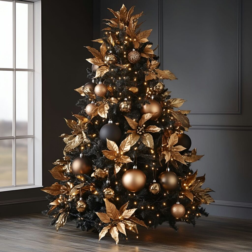 10. Bronze Luxe Tree with Vintage Golden Leaves & Lights