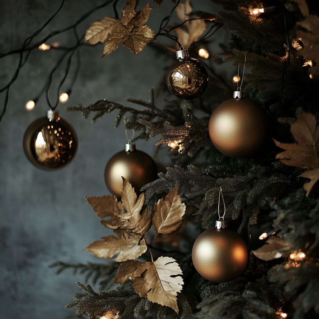 10. Bronze Luxe Tree with Vintage Golden Leaves & Lights