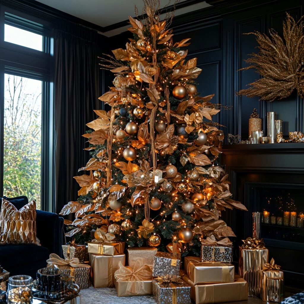 10. Bronze Luxe Tree with Vintage Golden Leaves & Lights