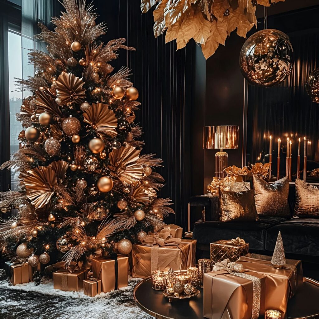 10. Bronze Luxe Tree with Vintage Golden Leaves & Lights