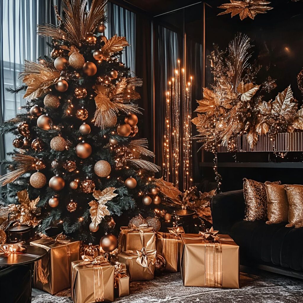 10. Bronze Luxe Tree with Vintage Golden Leaves & Lights