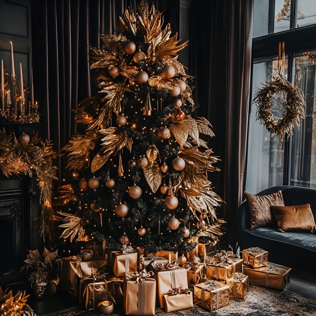 10. Bronze Luxe Tree with Vintage Golden Leaves & Lights