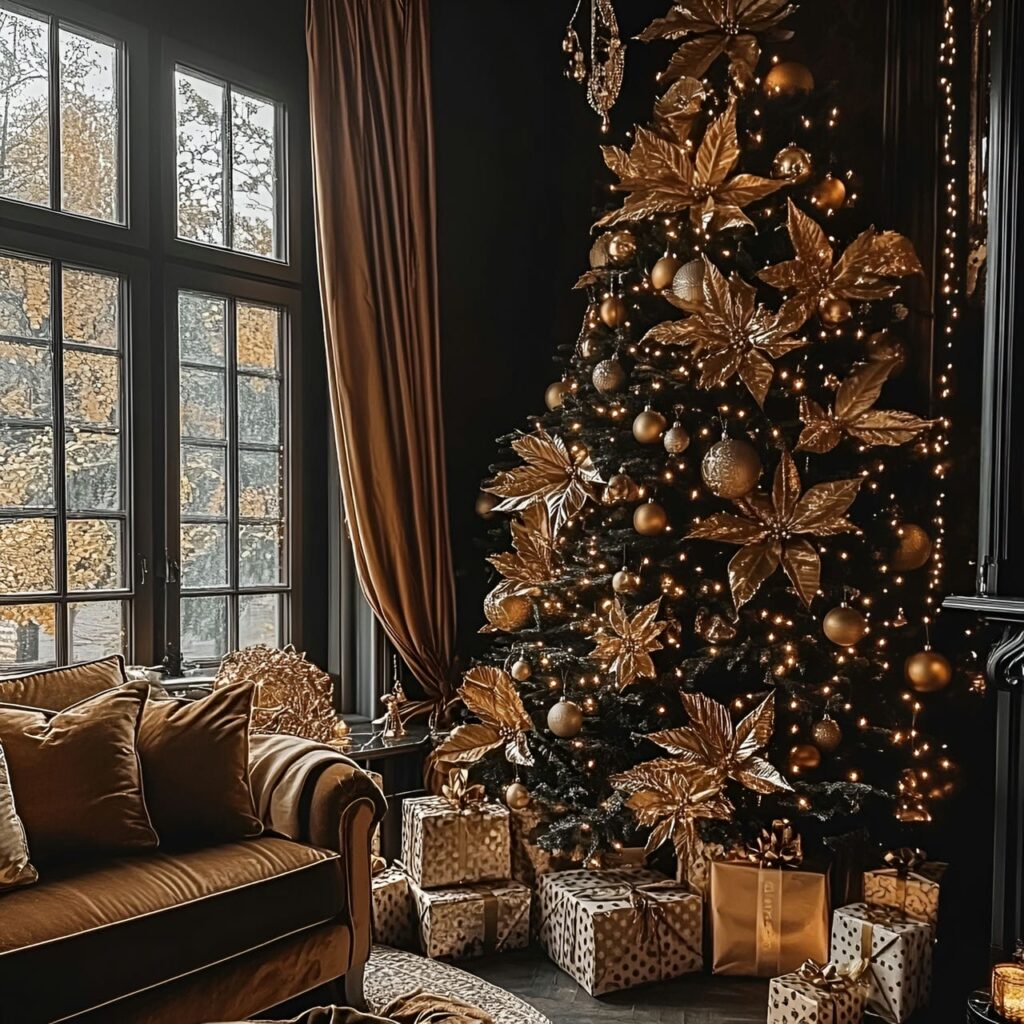 10. Bronze Luxe Tree with Vintage Golden Leaves & Lights