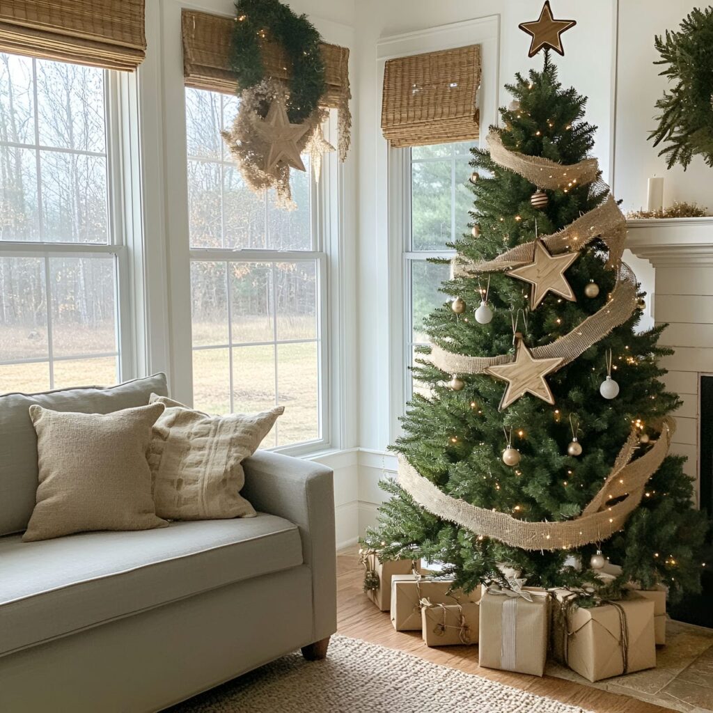 09. Burlap & Twine Christmas Tree with Wooden Star Accents