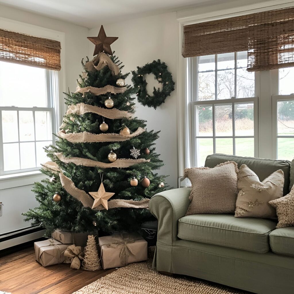 09. Burlap & Twine Christmas Tree with Wooden Star Accents