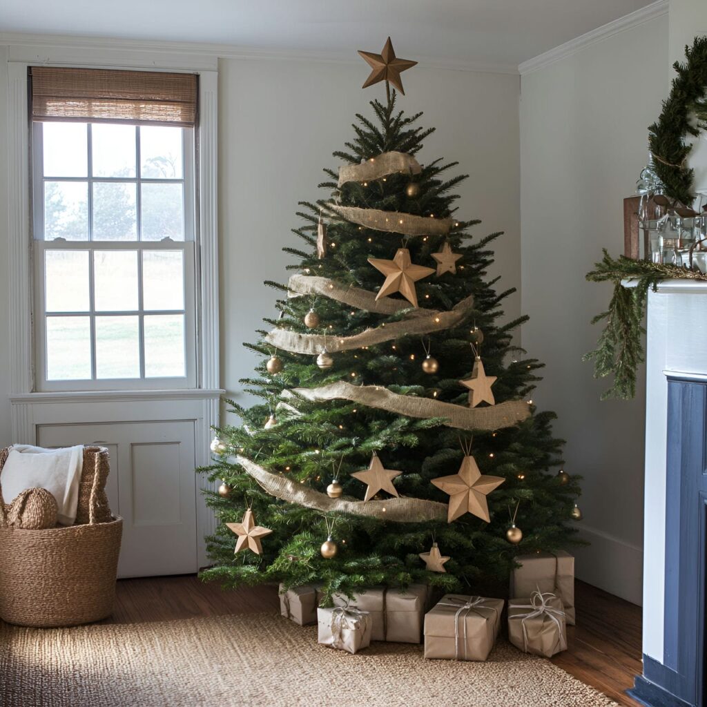 09. Burlap & Twine Christmas Tree with Wooden Star Accents